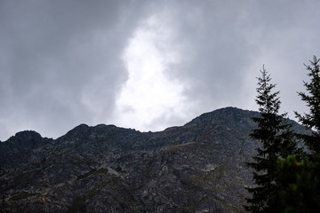 panoramic view of misty forest in western carpathian mountains. Tatra in foggy sunset