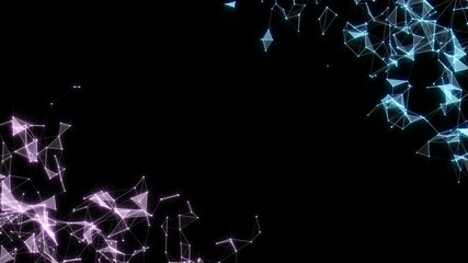 Poster - Interaction of structures. Pleasant glow. Accumulation in corners. Computer graphics of moving particles. Animated background. Seamless loop.Animation of a growing network of connected lines and dots