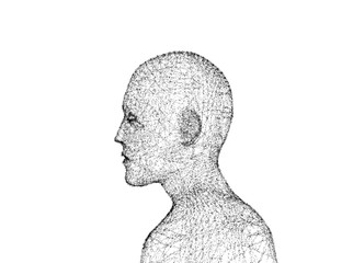 Poster - Side view of human body with light flare. Model isolated on white background, artificial intelligence in futuristic technology concept, 3d illustration