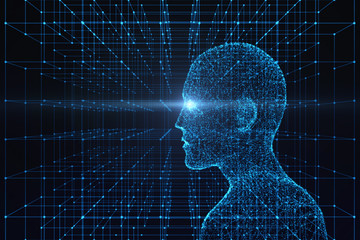 Poster - Side view of human body with light flare. Model on blue background, artificial intelligence in futuristic technology concept, 3d illustration