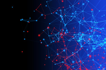 Poster - red and blue digital data and network connection triangle lines and spheres in technology concept on