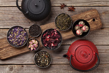 Various Tea And Teapot. Black, Green And Red Tea
