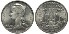 French Reunion Aluminum Coin 5 Five Francs 1955, Female Head In Liberty Cap With Small Wings And Rosette, Port With Ships Behind, Value, Sugar Cane,