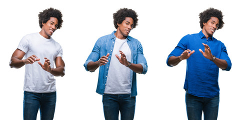 Poster - Collage of african american young shirtless man and business man over isolated background disgusted expression, displeased and fearful doing disgust face because aversion reaction. With hands raised.