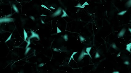 Poster - Green particles. Depth of field. Constellation. Cosmic invasion. Computer graphics of moving particles. Animated background. Seamless loop.Animation of a growing network of connected lines and dots
