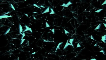 Poster - Stereoscopic effect. Blue lights. Computer graphics of moving particles. Animated background. Seamless loop.Animation of a growing network of connected lines and dots. Abstract communications