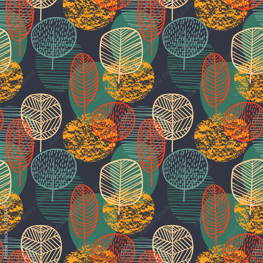 Abstract autumn seamless pattern with trees. Vector background for various surface. - obrazy, fototapety, plakaty 
