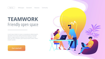 Poster - people working in friendly open space workplace. coworking, freelance, teamwork, communication, inte