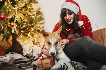 Wall Mural - happy girl in santa hat hugging with cute dog on background of golden beautiful christmas tree with lights and presents and gifts in festive room. family warm  moments