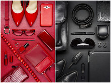 Woman And Man Accessories, Fashion Industry, Modern Life Concept, Clothes, Shoes, Gadget, Jewelry, Cosmetic, Other Luxury Objects On Red And Black Leather Background 