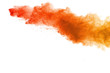 Abstract of colored powder explosion on white background. Orange powder splatted isolate. Colorful cloud. Colored dust e