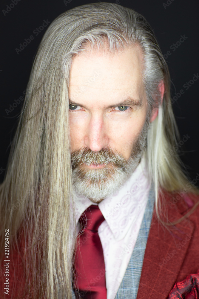 Portrait of old man with grey long hair and beard Stock Photo | Adobe Stock