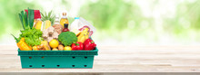 Fresh Food And Groceries In Tray Box On Wood Tabletop Banner Background