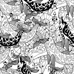 Wall Mural - Seamless pattern with black and white decorated dolphins. Esoteric, occult and mysterious concept with sacred geometry elements, graphic vector illustration