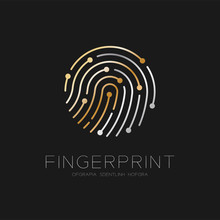 Fingerprint Scan Logo Icon Dash Line Design Illustration Gold And Silver Isolated On Black Background With Fingerprint Text And Copy Space, Vector Eps10