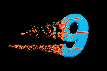 Aufkleber - Broken shattered fast sporty alphabet number 9. Crushed speedy racing font. 3D render isolated on black background.