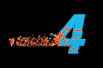 Aufkleber - Broken shattered fast sporty alphabet number 4. Crushed speedy racing font. 3D render isolated on black background.