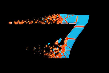 Aufkleber - Broken shattered fast sporty alphabet number 7. Crushed speedy racing font. 3D render isolated on black background.