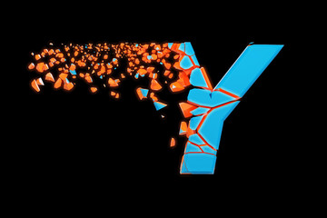 Aufkleber - Broken shattered fast sporty alphabet letter Y uppercase. Crushed speedy racing font. 3D render isolated on black background.