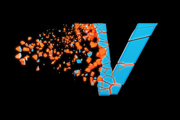 Aufkleber - Broken shattered fast sporty alphabet letter V uppercase. Crushed speedy racing font. 3D render isolated on black background.