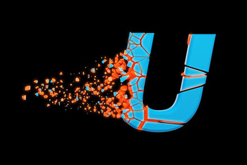 Aufkleber - Broken shattered fast sporty alphabet letter U uppercase. Crushed speedy racing font. 3D render isolated on black background.