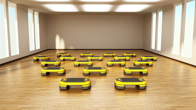 Step boards arranged inside the gym or fitness center. 3D illustration