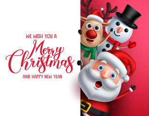 Wall Mural - Merry christmas greeting template with santa claus, snowman and reindeer vector characters singing while holding empty white space for christmas wish list in red background.
