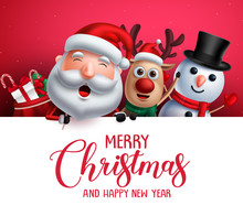 Merry Christmas Greeting Template  With Santa Claus, Snowman And Reindeer Vector Characters Singing Christmas Carol While Holding Empty White Space For Christmas Wish List. Vector Illustration.
