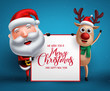 Merry christmas greeting template with santa claus and reindeer vector characters holding empty white board for christmas list in blue background. Vector illustration.
