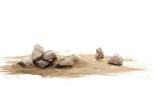 Rocks In Sand Pile Isolated On White Background And Texture