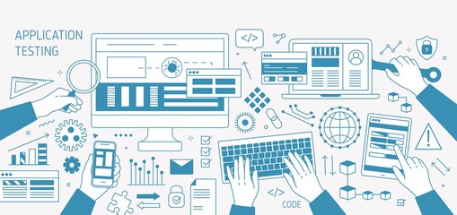 Aufkleber - Horizontal banner with hands and various electronic devices drawn with contour lines on white background. Software, program or application testing. Monochrome vector illustration in linear style.