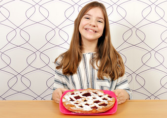 Wall Mural - happy little girl with cherry pie