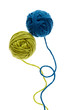 Blue and green woolen balls over white background.