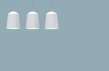 Poster - 3d rendering. modern white cylinder lamp decor hanging on the copy space blue wall background.