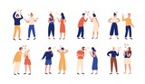 Fototapeta  - Collection of pairs of people during conflict or disagreement. Set of men and women quarreling, brawling, bickering, shouting at each other. Colorful vector illustration in flat cartoon style.