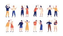 Collection Of Pairs Of People During Conflict Or Disagreement. Set Of Men And Women Quarreling, Brawling, Bickering, Shouting At Each Other. Colorful Vector Illustration In Flat Cartoon Style.