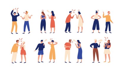 collection of pairs of people during conflict or disagreement. set of men and women quarreling, braw