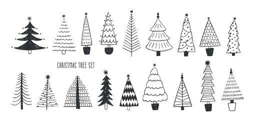 Aufkleber - Collection of various firs, pines or spruces drawn with contour lines. Bundle of winter coniferous forest Christmas trees isolated on white background. Monochrome vector illustration in doodle style.