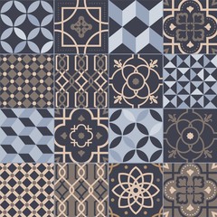Leinwandbilder - Collection of square ceramic tiles with various geometric and traditional oriental patterns. Set of decorative ornaments, ornamental weaving textures, floral motifs. Flat vector illustration.
