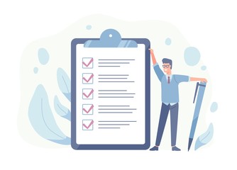 Poster - Smiling guy standing beside giant check list and holding pen. Concept of successful goal achievement, productive daily planning and task management. Colorful vector illustration in flat cartoon style.