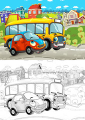 Wall Mural - cartoon scene with different cars driving on the city street small car and school bus - with artistic coloring page - illustration for children