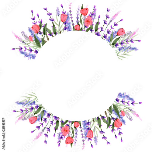 Circle frame border with watercolor pink wildflowers and lavender, hand