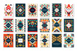 Colorful vector set of 9 card templates with geometric shapes. Abstract ethnic pattern. Elements for brochure, flyer or poster in trendy flat style
