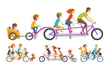 Poster - Two happy families riding on tandem bicycles with three seats and basket. Parenting concept. Recreation with kids. Cartoon people characters. Flat vector design