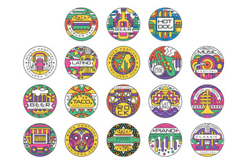 Poster - Food festival logo set, Burger Fest, Beer Festival, Hot Dog, Tako Festival, Rock food and music round labels or stickers vector Illustrations