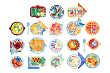 Poster - Food icon set. Plates with different dishes green salad, soup with boiled eggs, pancakes, sandwiches, fish with lemon, mashed potatoes with chicken, cranberry pie. Flat vector