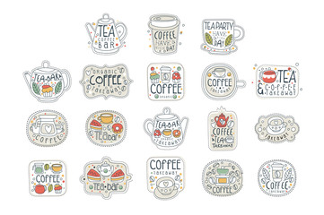 Poster - Coffee and tea labels for street shop, cafe or bar set in different shapes. Take away store. Hand drawn vector with lettering. Line art with hot drinks, cakes, donut.