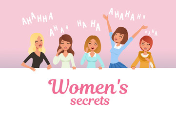 Wall Mural - Young pretty girls loudly laughing. Women s secrets concept. Cartoon female characters with smiling facial expressions. Emotional people. Flat vector design