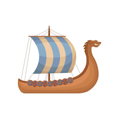 Wall Mural - Ancient viking scandinavian draccar with striped sails, Norman ship sailing vector Illustration on a white background