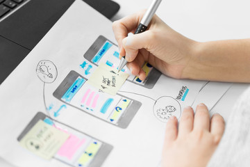 app design, technology and business concept - web designer working on user interface and creating layout at office